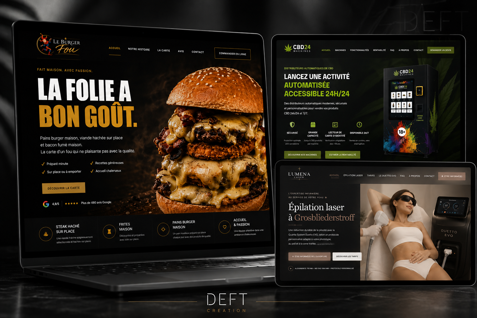 Réalisations de sites internet DEFT : Le Burger Fou, Lumena Laser et CBD24 Machines