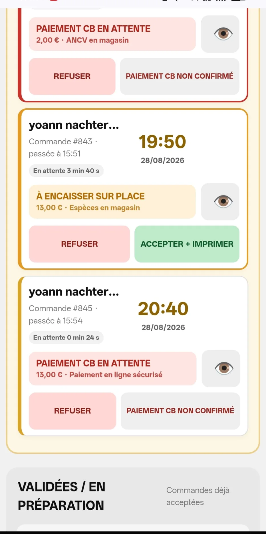 Interface de gestion des commandes pour restaurant conçue par DEFT
