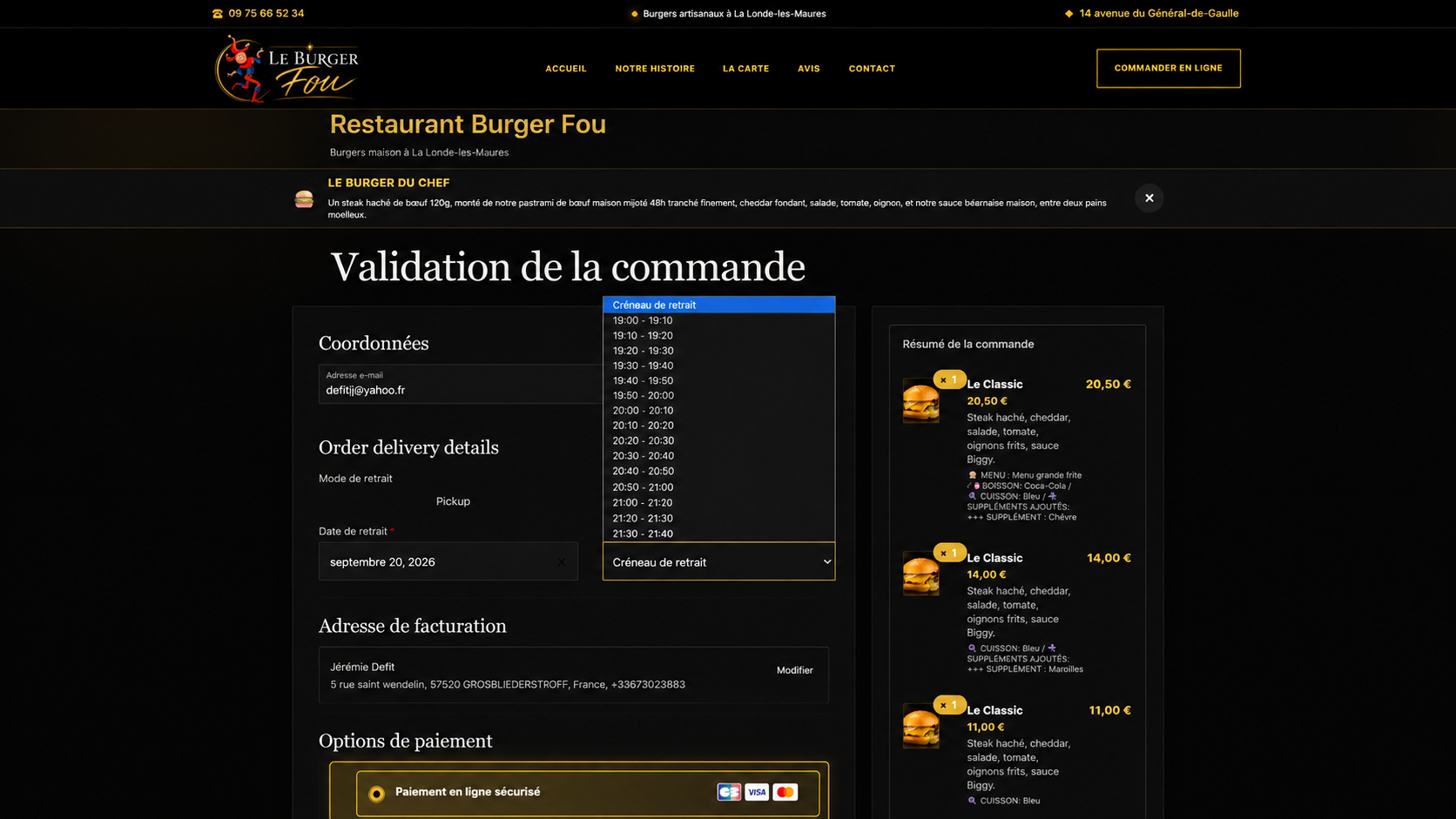 Choix du créneau de retrait lors d'une commande Le Burger Fou